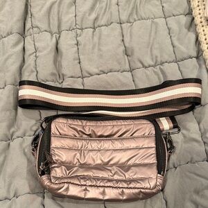 THINK ROYLN Metallic Crossbody Bag with Striped Strap